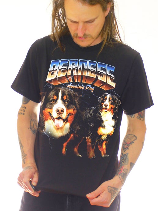 Baba Tees - Bernese Mountain Dog shirt 80s Metal Style